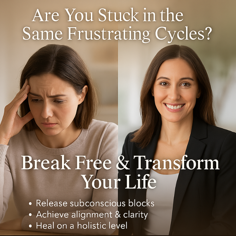 A high-level professional woman frustrated in repeating cycles receives transformational coaching support symbolizing relief and breakthrough